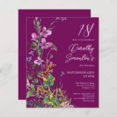 BUDGET Paarse Gele Bloemen 18e Verjaardag Uitnodig (Voorkant / Achterkant)