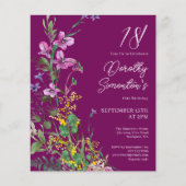 BUDGET Paarse Gele Bloemen 18e Verjaardag Uitnodig (Voorkant)