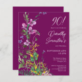BUDGET Paarse Gele Bloemen 90ste Verjaardag Uitnod (Voorkant / Achterkant)