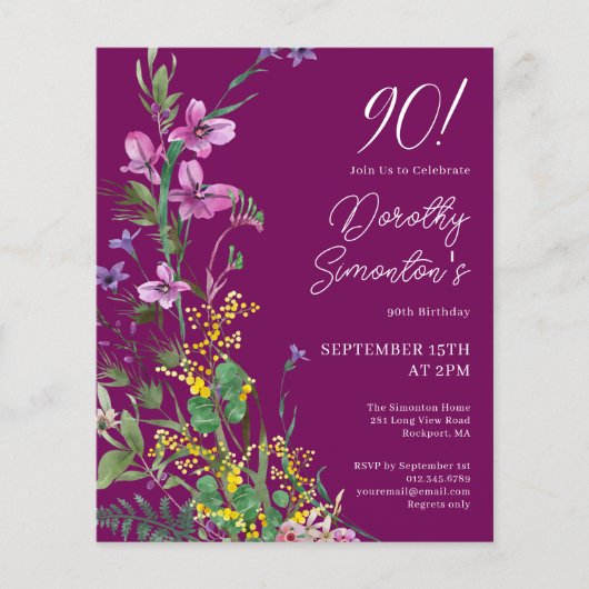 BUDGET Paarse Gele Bloemen 90ste Verjaardag Uitnod (Voorkant)