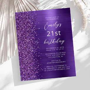 Budget Paarse Glam Glitter 21st Birthday Invite