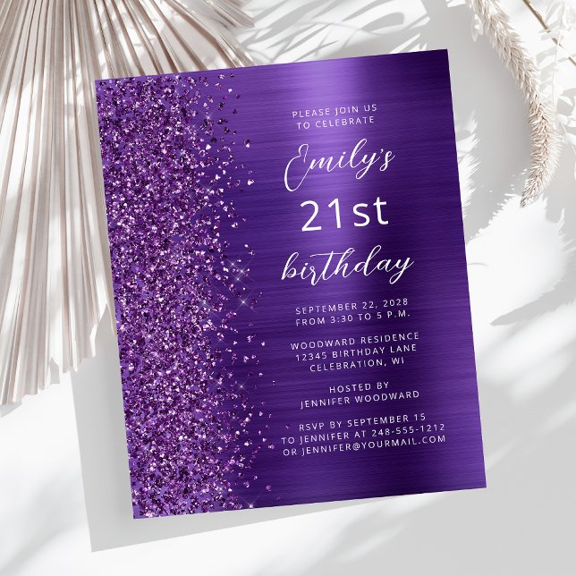 Budget Paarse Glam Glitter 21st Birthday Invite (Creator heeft geüpload)