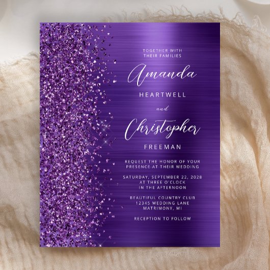 Budget Paarse Glam Glitter Trouw Uitnodiging