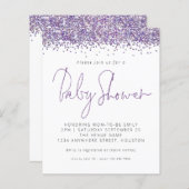 Budget Paarse Glitter Baby shower Uitnodiging (Voorkant / Achterkant)