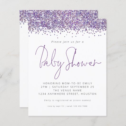 Budget Paarse Glitter Baby shower Uitnodiging (Voorkant / Achterkant)