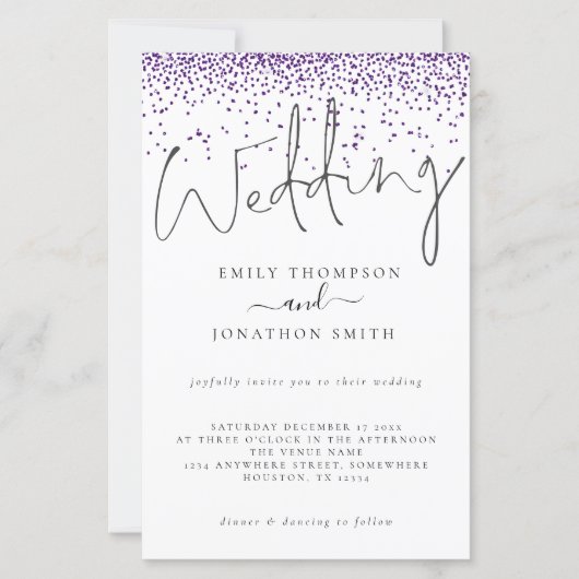 Budget Paarse Glitter Confetti Wedding Invite (Voorkant)