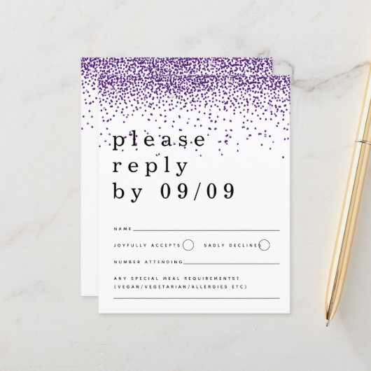 Budget Paarse Glitter Confetti Wedding RSVP (Voorkant / Achterkant in situ)