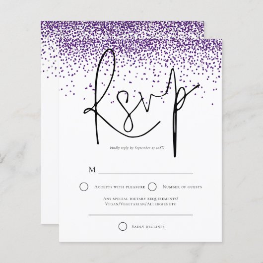 Budget Paarse Glitter Confetti Wedding RSVP (Voorkant / Achterkant)