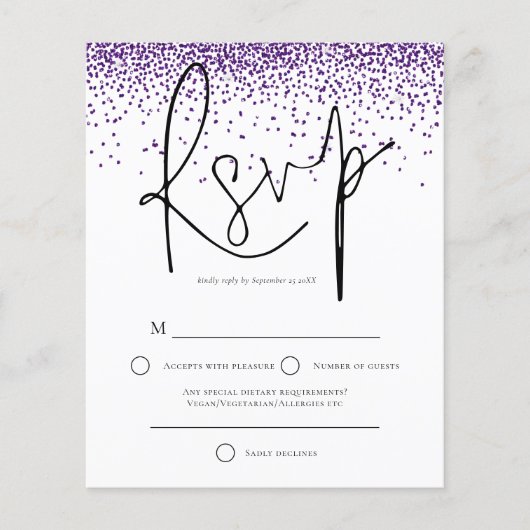 Budget Paarse Glitter Confetti Wedding RSVP (Voorkant)