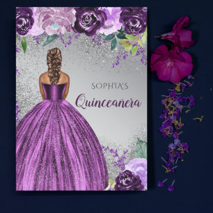 Budget Paarse Glitter Dress Quinceañera Uitnodigin
