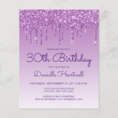 Budget Paarse Glitter Drip 30e Verjaardag Uitnodig (Voorkant)