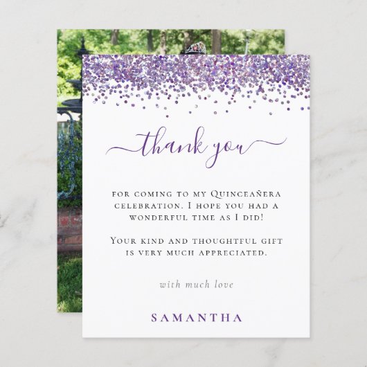 Budget Paarse Glitter Foto Quinceanera Dank u (Voorkant / Achterkant)