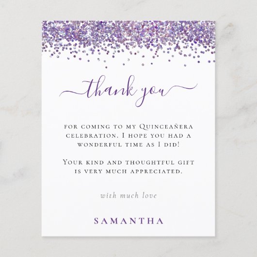 Budget Paarse Glitter Foto Quinceanera Dank u (Voorkant)