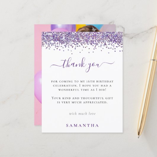 Budget Paarse Glitter Foto Sweet 16 Hartelijk dank (Voorkant / Achterkant in situ)