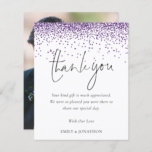 Budget Paarse Glitter Foto Weduwschap Bedankt (Voorkant / Achterkant)