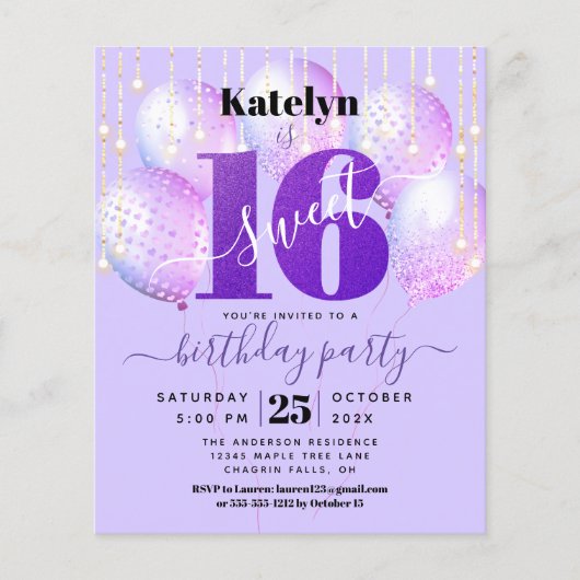 Budget Paarse Glitter Sweet 16 Balloons uitnodigin (Voorkant)