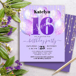Budget Paarse Glitter Sweet 16 Balloons uitnodigin<br><div class="desc">"Happy Sweet 16". Verstuur deze verbluffende, eenvoudige, feestelijke, moderne, gepersonaliseerde uitnodiging van de begrotingspartij voor een evenement dat u zich herinnert. Vette, grafische, zwarte typografie en handgeschreven script bedekken paarse ballonnen en gouden dunne snaarlampen op een zachte lichte paarse achtergrond. Pas de douanetekst met de naam van uw dochter evenals...</div>