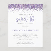 Budget Paarse Glitter Sweet 16 Uitnodiging (Voorkant)