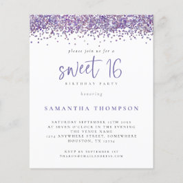 Budget Paarse Glitter Sweet 16 Uitnodiging