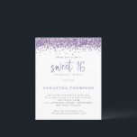 Budget Paarse Glitter Sweet 16 Uitnodiging<br><div class="desc">Budget Paarse Glitter Sweet 16 Uitnodiging. Een budgetprijs voor KLEINE 4, 5 x 5, 6 inch. Verkrijgbaar in een SEMI GLOSS 110 lb KAART STOCK dat de standaardoptie is (aanbevolen voor uitnodigingen), OF een SATIN FINISH 80 lb THINER PAPER STOCK (ideaal voor behuizingen). Glitzy Faux glitter grenst de bovenkant aan...</div>