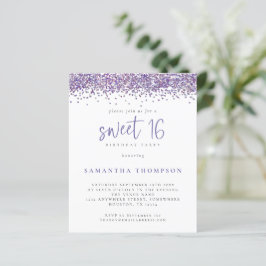 Budget Paarse Glitter Sweet 16 Uitnodiging