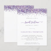 Budget Paarse Glitter Sweet Sixteen Uitnodiging (Voorkant / Achterkant)