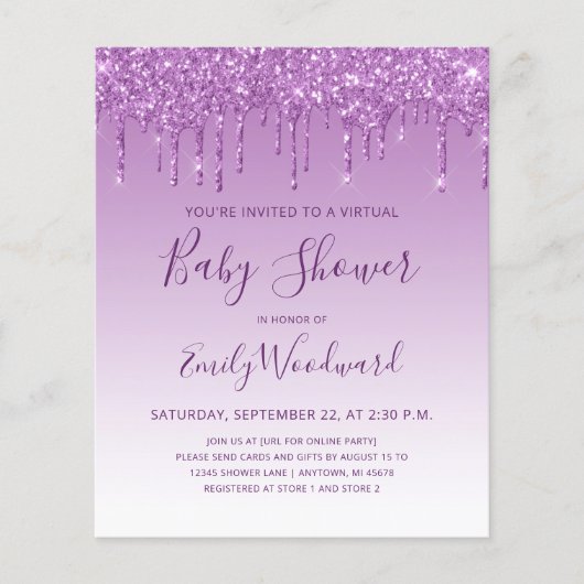 Budget Paarse Glitter Virtuele Baby Shower (Voorkant)
