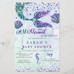 Budget Paarse Glitter Zeemeermin Baby shower Invit