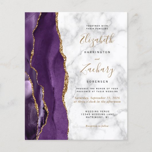 Budget Paarse Gold Agate Marble Wedding Invite (Voorkant)