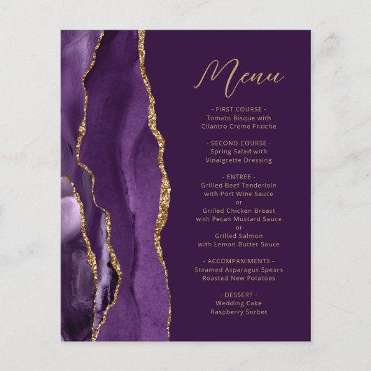 Budget Paarse Gold Agate Script Plum Wedding Menu (Voorkant)