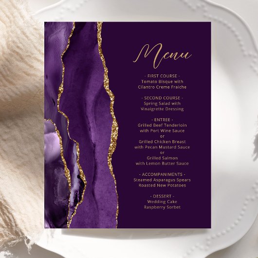 Budget Paarse Gold Agate Script Plum Wedding Menu