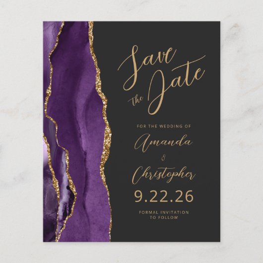 Budget Paarse Gold Agate Script Save the Date (Voorkant)
