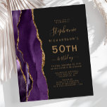 Budget Paarse Gouden Agaat Dark 50th Birthday<br><div class="desc">De linkerrand van deze elegante 50e verjaardagsfeestuitnodiging is voorzien van een paarse waterverf agaatrand met gouden faux glitter. De aanpasbare tekst combineert goudkleurig handschrift,  koperplaat en cursieve lettertypen op een leisteen zwarte achtergrond. De achterkant heeft een bijpassend paarse en gouden agaat ontwerp.</div>