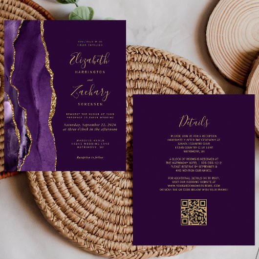 Budget Paarse Gouden Agaat QR Code Huwelijksuitnod