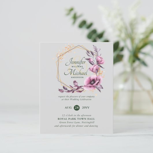 BUDGET Paarse Gouden Bloemen Bruiloftsinvitatiekaa (Staand voorkant)