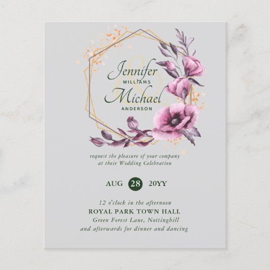 BUDGET Paarse Gouden Bloemen Bruiloftsinvitatiekaa (Voorkant)