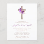 Budget Paarse Gouden Bloemen Kruisdoop Uitnodigen (Voorkant)