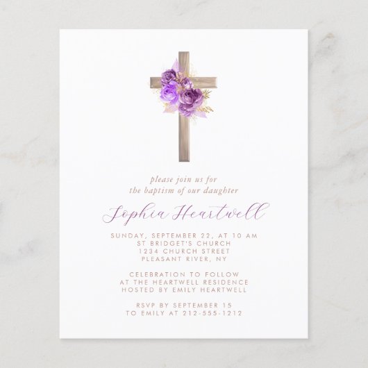 Budget Paarse Gouden Bloemen Kruisdoop Uitnodigen (Voorkant)