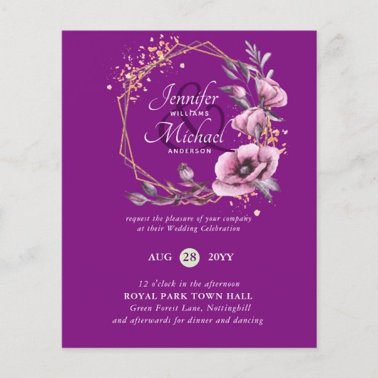 BUDGET Paarse Gouden Bloemige Trouw Uitnodigingen (Voorkant)