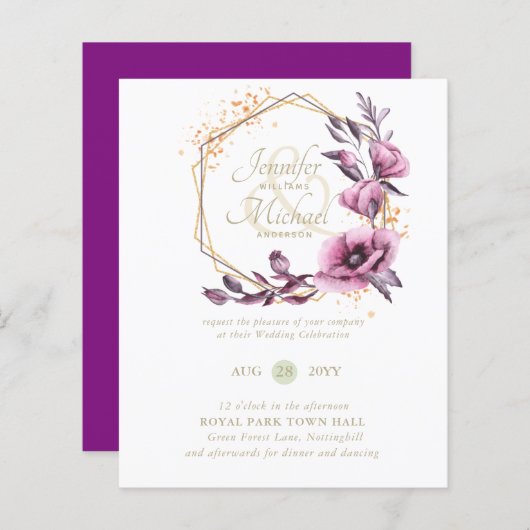 BUDGET Paarse Gouden Bloemige Trouw Uitnodigingen (Voorkant / Achterkant)