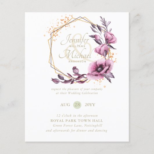 BUDGET Paarse Gouden Bloemige Trouw Uitnodigingen (Voorkant)