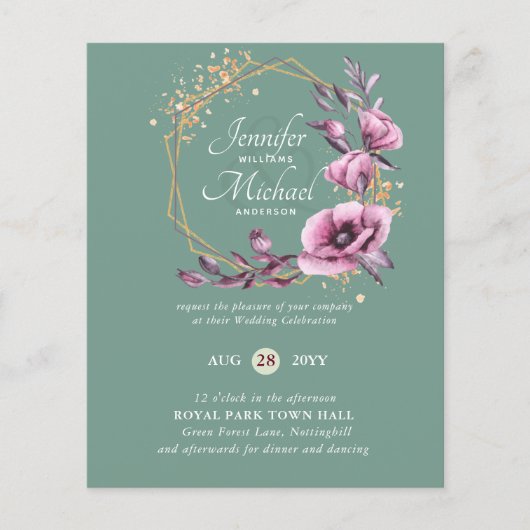 BUDGET Paarse Gouden Bloemige Trouw Uitnodigingen (Voorkant)