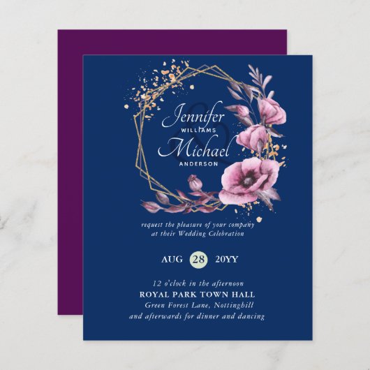BUDGET Paarse Gouden Bloemige Trouw Uitnodigingen (Voorkant / Achterkant)