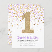Budget Paarse Gouden Confetti Meisje 1e Verjaardag (Voorkant / Achterkant)