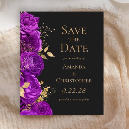 Budget Paarse Gouden Donkere Bloemen Save the Date