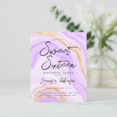 Budget Paarse Gouden Glitter Marmer Sweet 16 Invit (Staand voorkant)