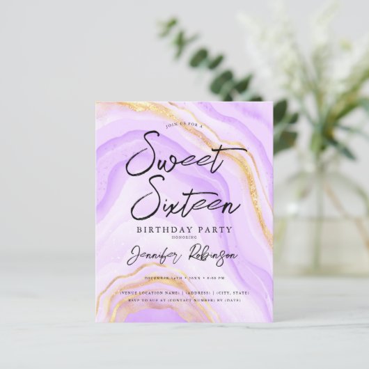 Budget Paarse Gouden Glitter Marmer Sweet 16 Invit (Staand voorkant)