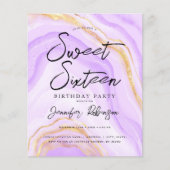 Budget Paarse Gouden Glitter Marmer Sweet 16 Invit (Voorkant)