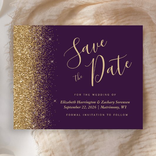 Budget Paarse Gouden Glitter Save the Date