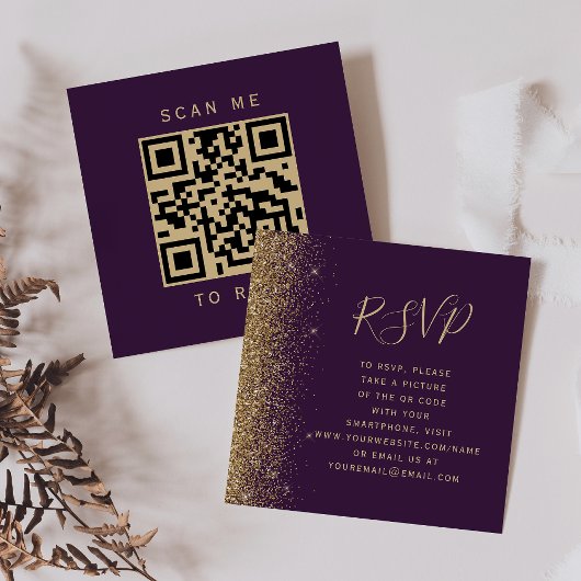 Budget Paarse Gouden Glitter Wedding QR Code RSVP Informatiekaartje